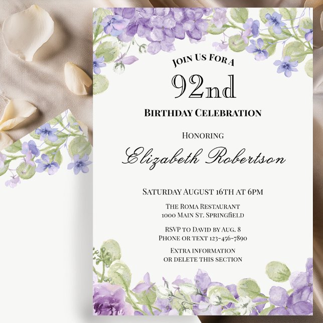 Invitación de cumpleaños número 92 elegante floral (Subido por el creador)