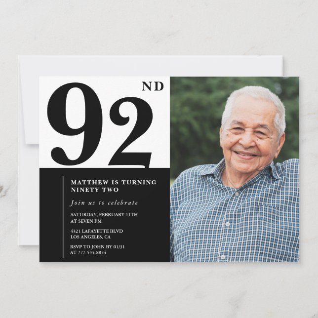 Invitación de cumpleaños número 92 en blanco y neg (Anverso)