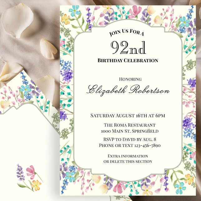 Invitación de cumpleaños número 92 floral colorida (Subido por el creador)