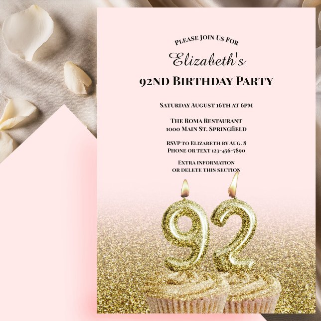 Invitación de cumpleaños número 92 rosa y dorado p (Subido por el creador)