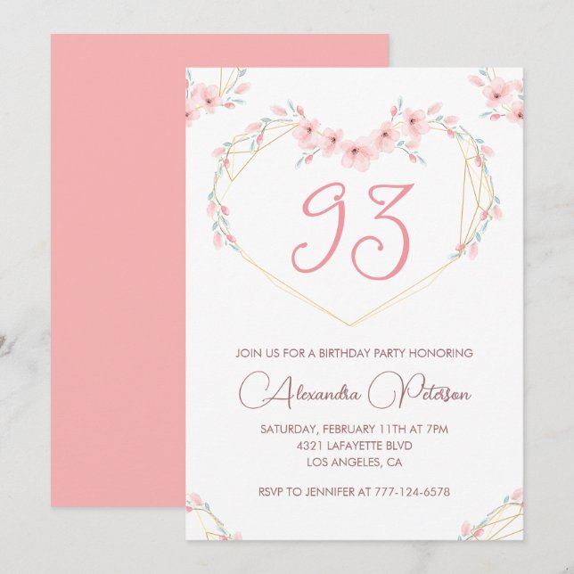 Invitación de cumpleaños número 93 con flores acua (Anverso / Reverso)