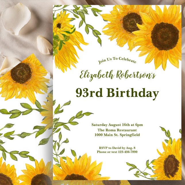 Invitación de cumpleaños número 93 con girasoles e (Subido por el creador)