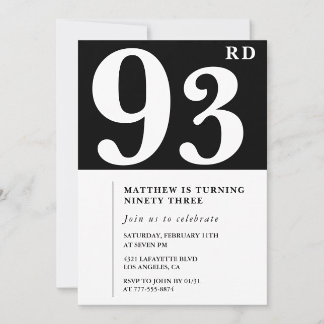 Invitación de cumpleaños número 93 elegante en bla (Anverso)
