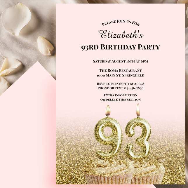 Invitación de cumpleaños número 93 rosa y dorado p (Subido por el creador)