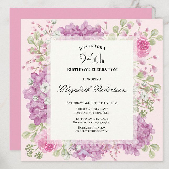 Invitación de cumpleaños número 94 con flores rosa (Subido por el creador)