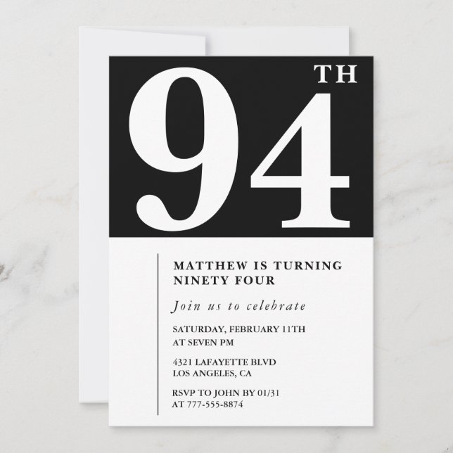 Invitación de cumpleaños número 94 elegante en bla (Anverso)