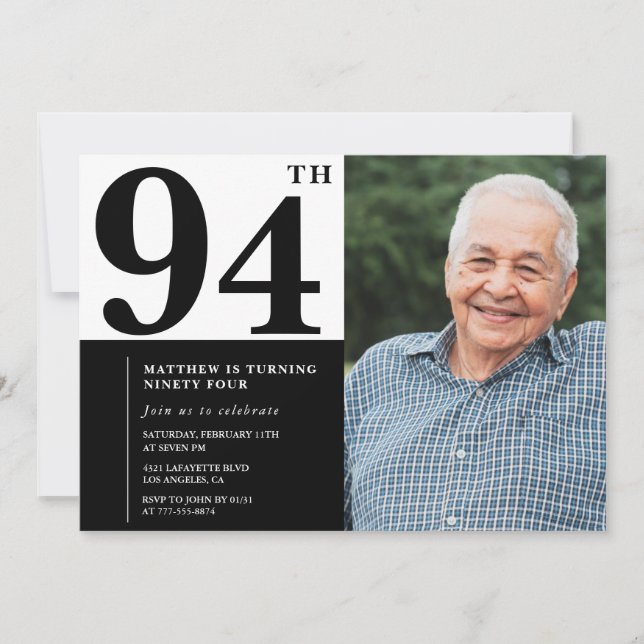 Invitación de cumpleaños número 94 en blanco y neg (Anverso)