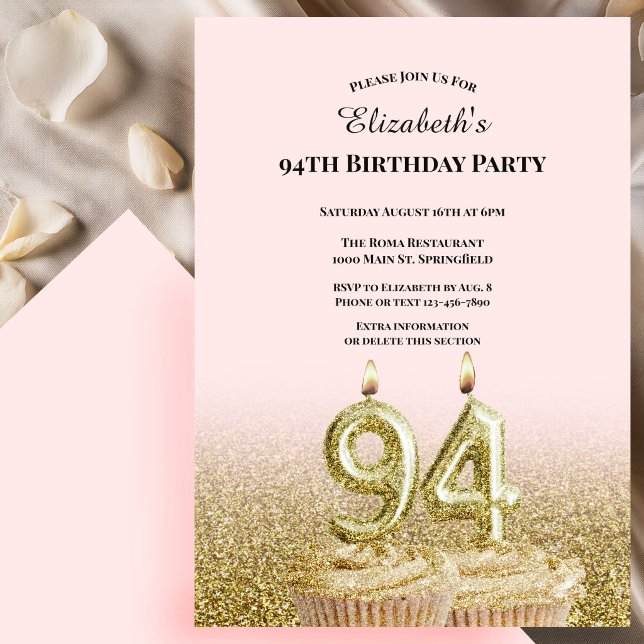 Invitación de cumpleaños número 94 rosa y dorado p (Subido por el creador)