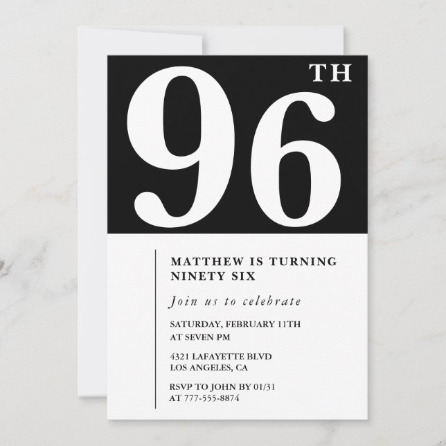 Invitación de cumpleaños número 96 elegante en bla (Anverso)