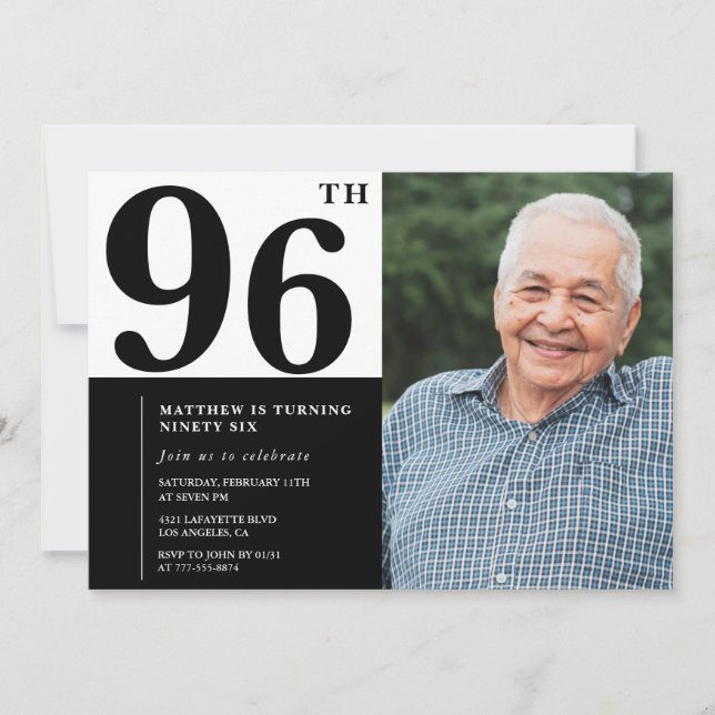 Invitación de cumpleaños número 96 en blanco y neg (Anverso)