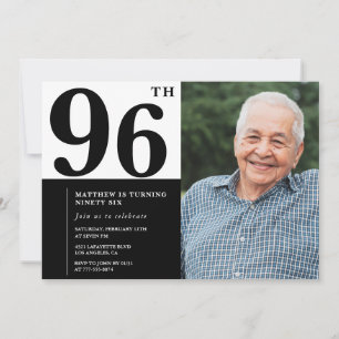 Invitación de cumpleaños número 96 en blanco y neg