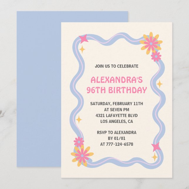 invitación de cumpleaños número 96 Retro Groovy Az (Anverso / Reverso)