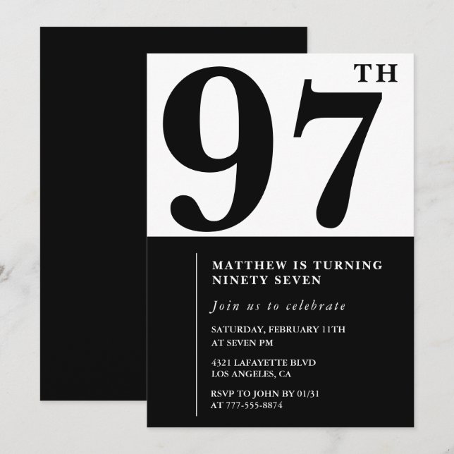 Invitación de cumpleaños número 97 elegante en neg (Anverso / Reverso)