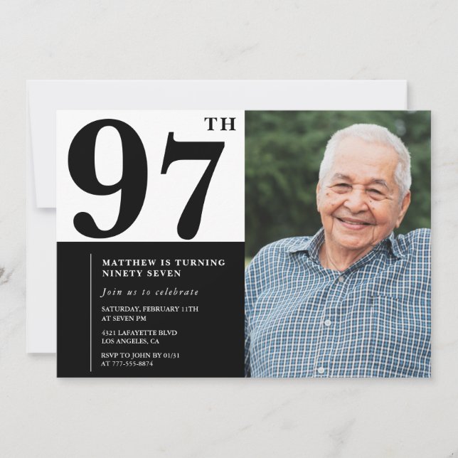 Invitación de cumpleaños número 97 en blanco y neg (Anverso)