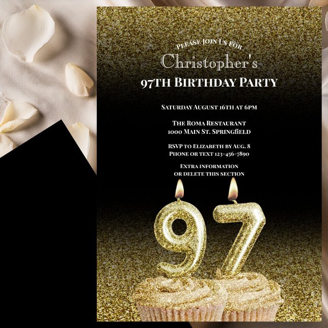 Invitación de cumpleaños número 97 negro y dorado  (Subido por el creador)