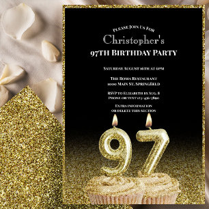 Invitación de cumpleaños número 97 negro y dorado 