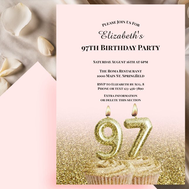 Invitación de cumpleaños número 97 rosa y dorado p (Subido por el creador)