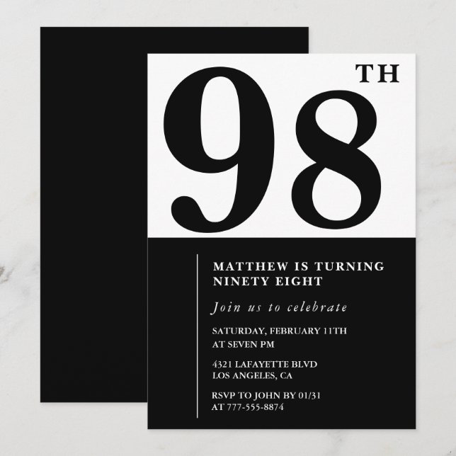 Invitación de cumpleaños número 98 Chic en blanco  (Anverso / Reverso)