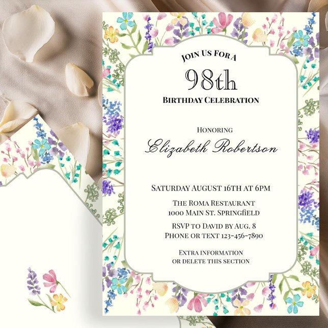 Invitación de cumpleaños número 98 con flores colo (Subido por el creador)