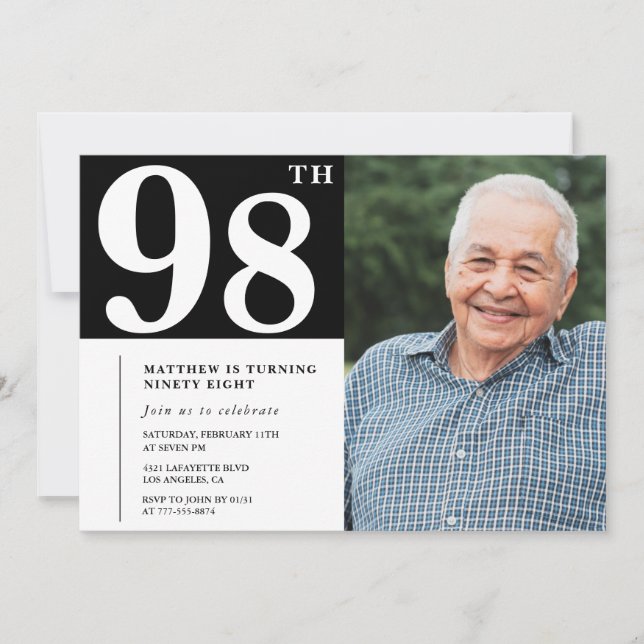 Invitación de cumpleaños número 98 de hombres en f (Anverso)