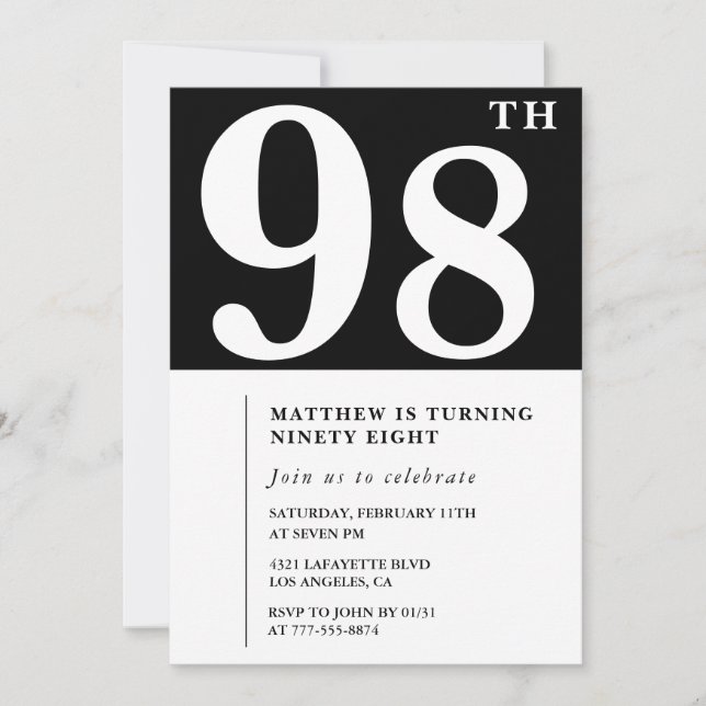 Invitación de cumpleaños número 98 elegante en bla (Anverso)
