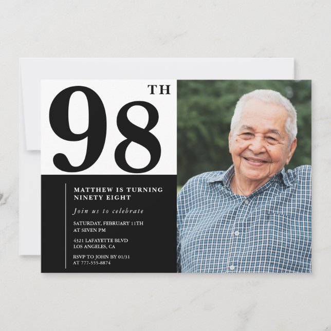Invitación de cumpleaños número 98 en blanco y neg (Anverso)