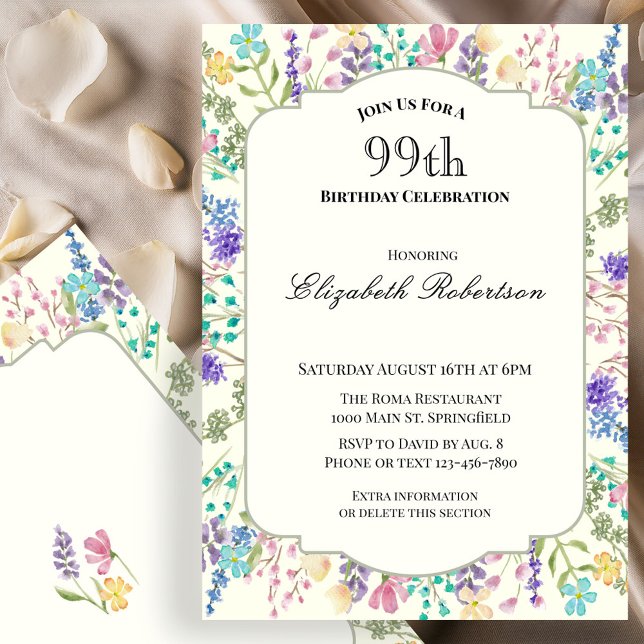 Invitación de cumpleaños número 99 con flores colo (Subido por el creador)