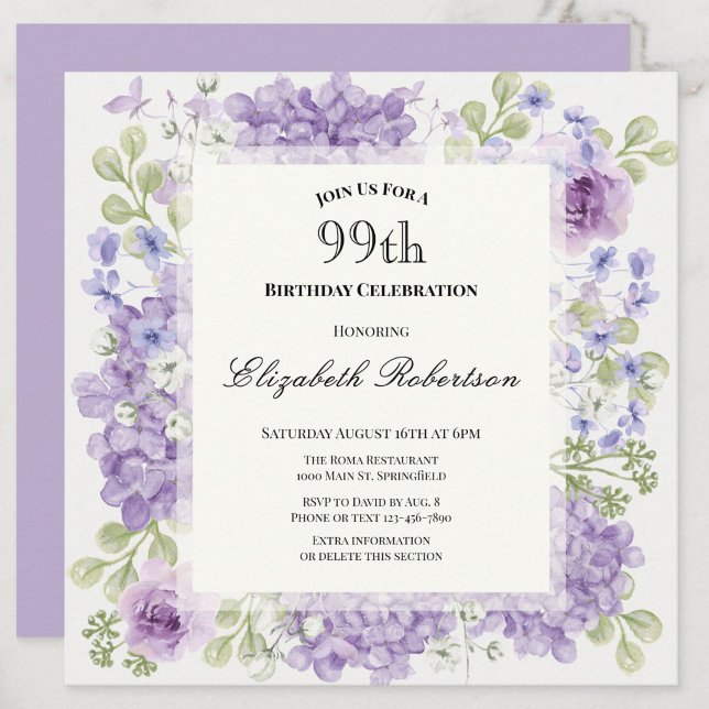 Invitación de cumpleaños número 99 con flores púrp (Subido por el creador)