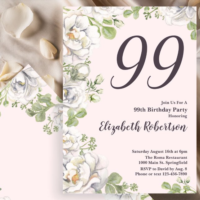 Invitación de cumpleaños número 99 con peonías flo (Subido por el creador)