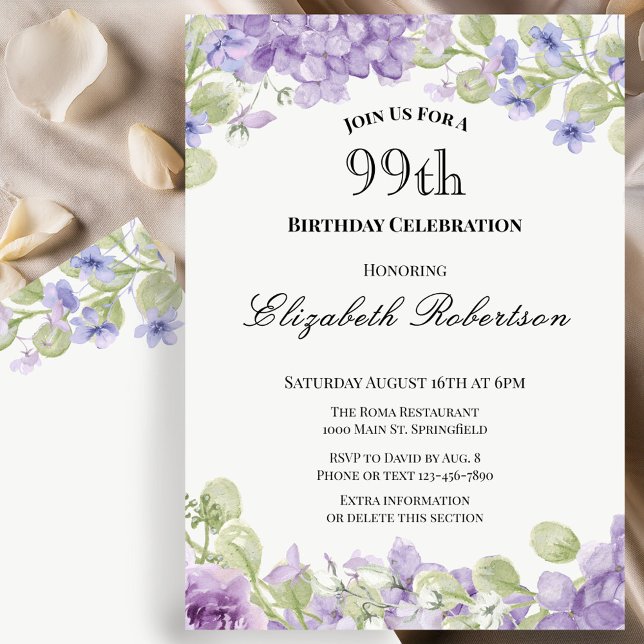 Invitación de cumpleaños número 99 elegante floral (Subido por el creador)