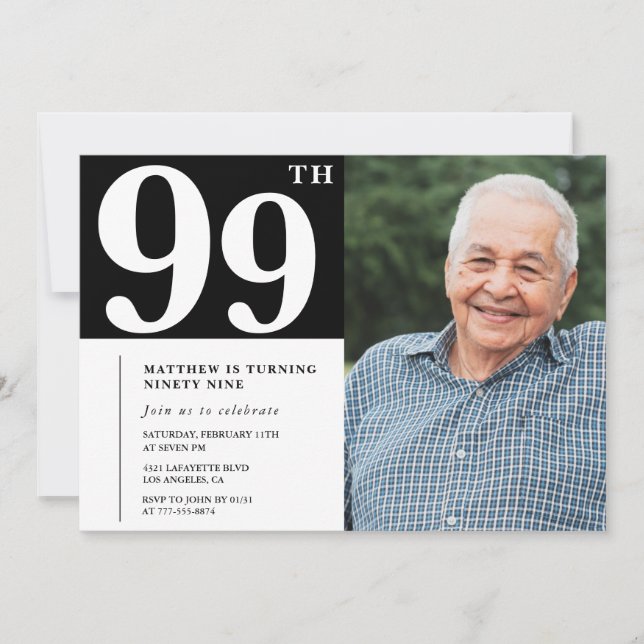 Invitación de cumpleaños número 99 en foto en blan (Anverso)