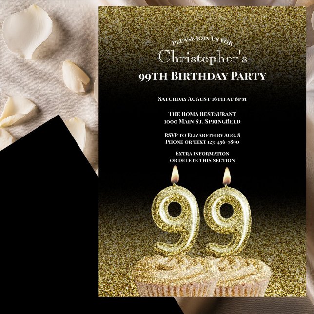 Invitación de cumpleaños número 99 negro y dorado  (Subido por el creador)
