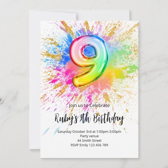 Invitación de cumpleaños número 9 con arcoíris (Anverso)