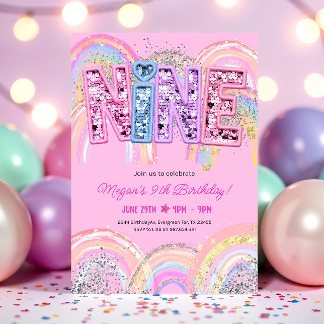 Invitación de cumpleaños número 9 con arcoíris (Subido por el creador)