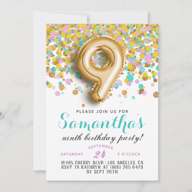 invitación de cumpleaños número 9 con confeti (Anverso)