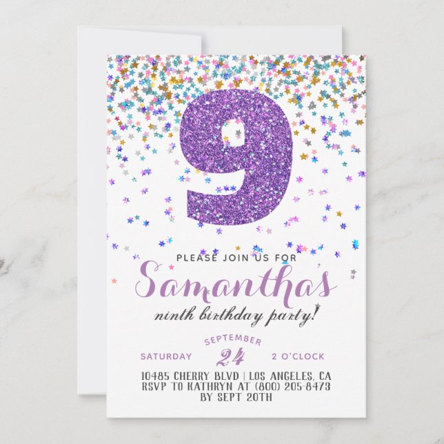 invitación de cumpleaños número 9 con confeti (Anverso)