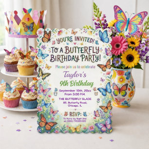 Invitación de cumpleaños número 9 con mariposas co
