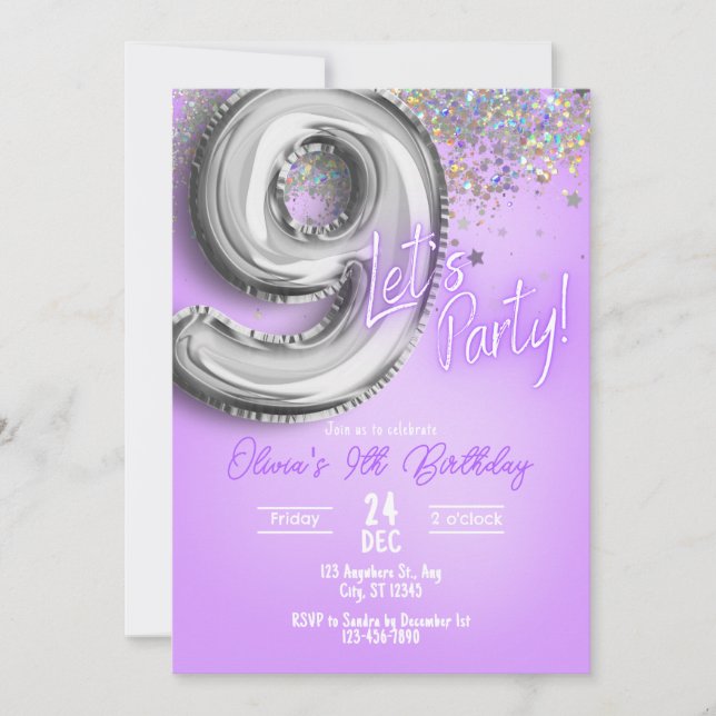 Invitación de cumpleaños número 9 con purpurina pú (Anverso)