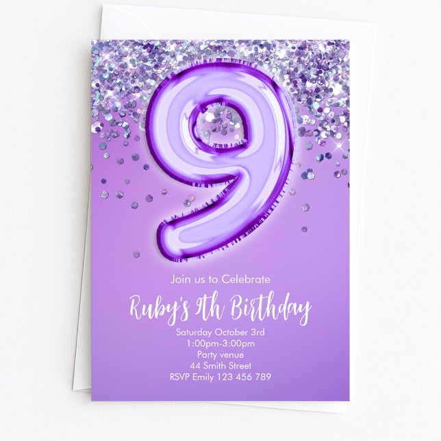 Invitación de cumpleaños número 9 con purpurina pú (Subido por el creador)