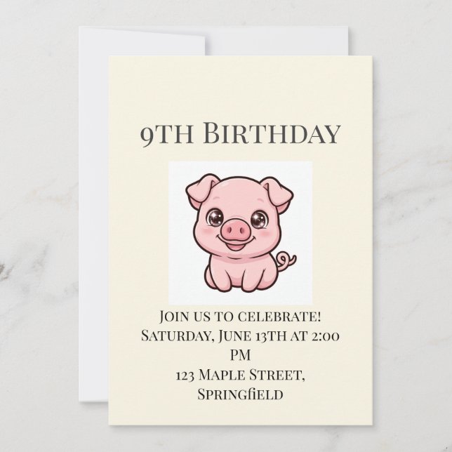 Invitación de cumpleaños número 9 de cerdito bebé  (Anverso)