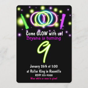 Invitación de cumpleaños número 9 de GLOW Lights p