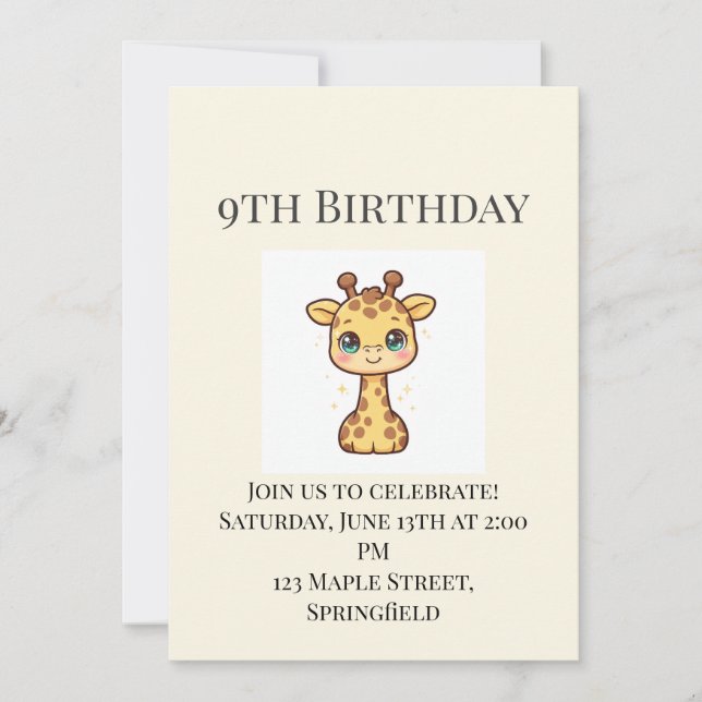 Invitación de cumpleaños número 9 de jirafa bebé l (Anverso)