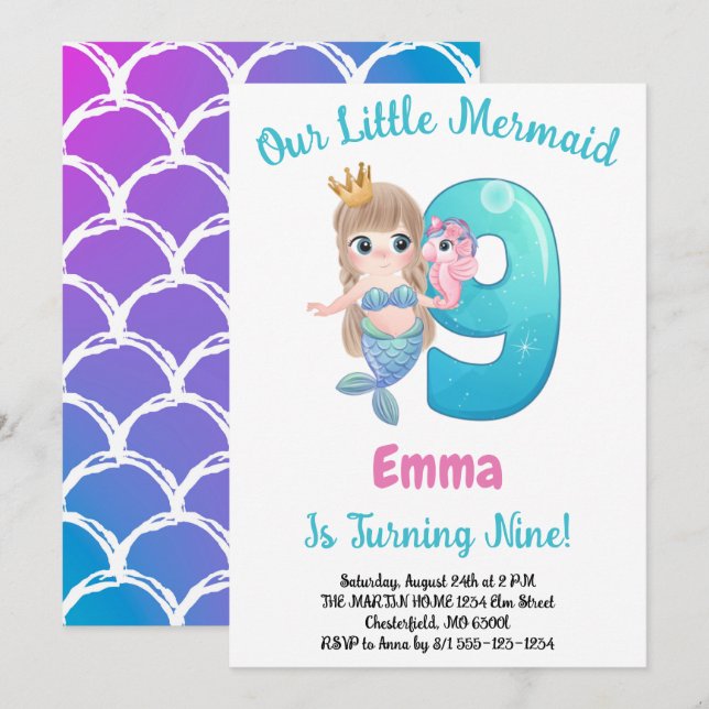 Invitación de cumpleaños número 9 de sirena (Anverso / Reverso)