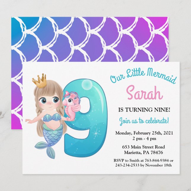 Invitación de cumpleaños número 9 de sirena acuare (Anverso / Reverso)