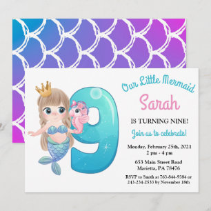 Invitación de cumpleaños número 9 de sirena acuare