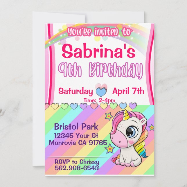 Invitación de cumpleaños número 9 de unicornio par (Anverso)