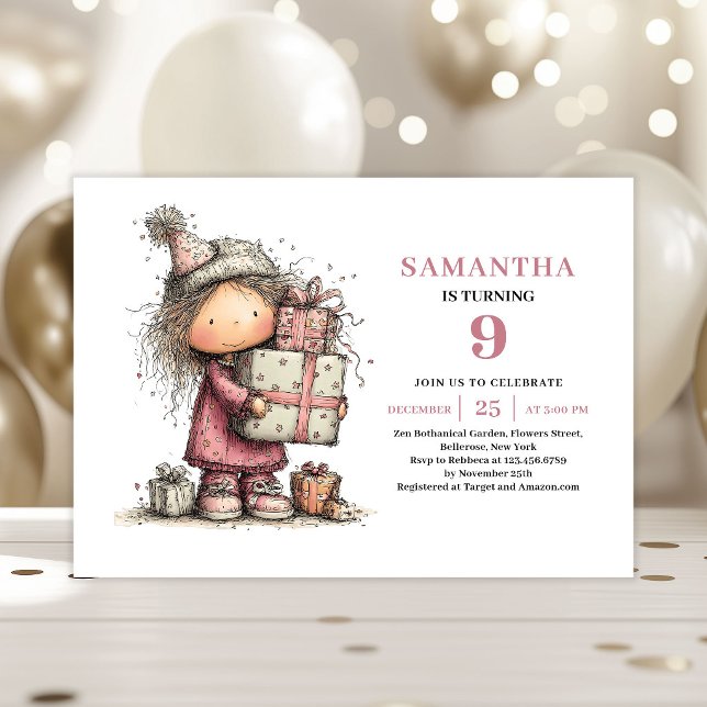 Invitación de cumpleaños número 9 de Whimsical Kid (Whimsical Kids 9th Birthday Invite Dusty Pink)