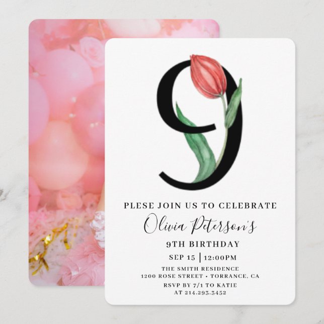 Invitación de cumpleaños número 9 floral con foto  (Anverso / Reverso)