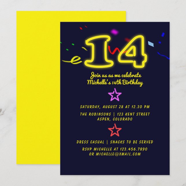 Invitación de cumpleaños número catorce con letrer (Anverso / Reverso)