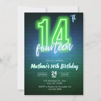 Invitación de cumpleaños número catorce de neón